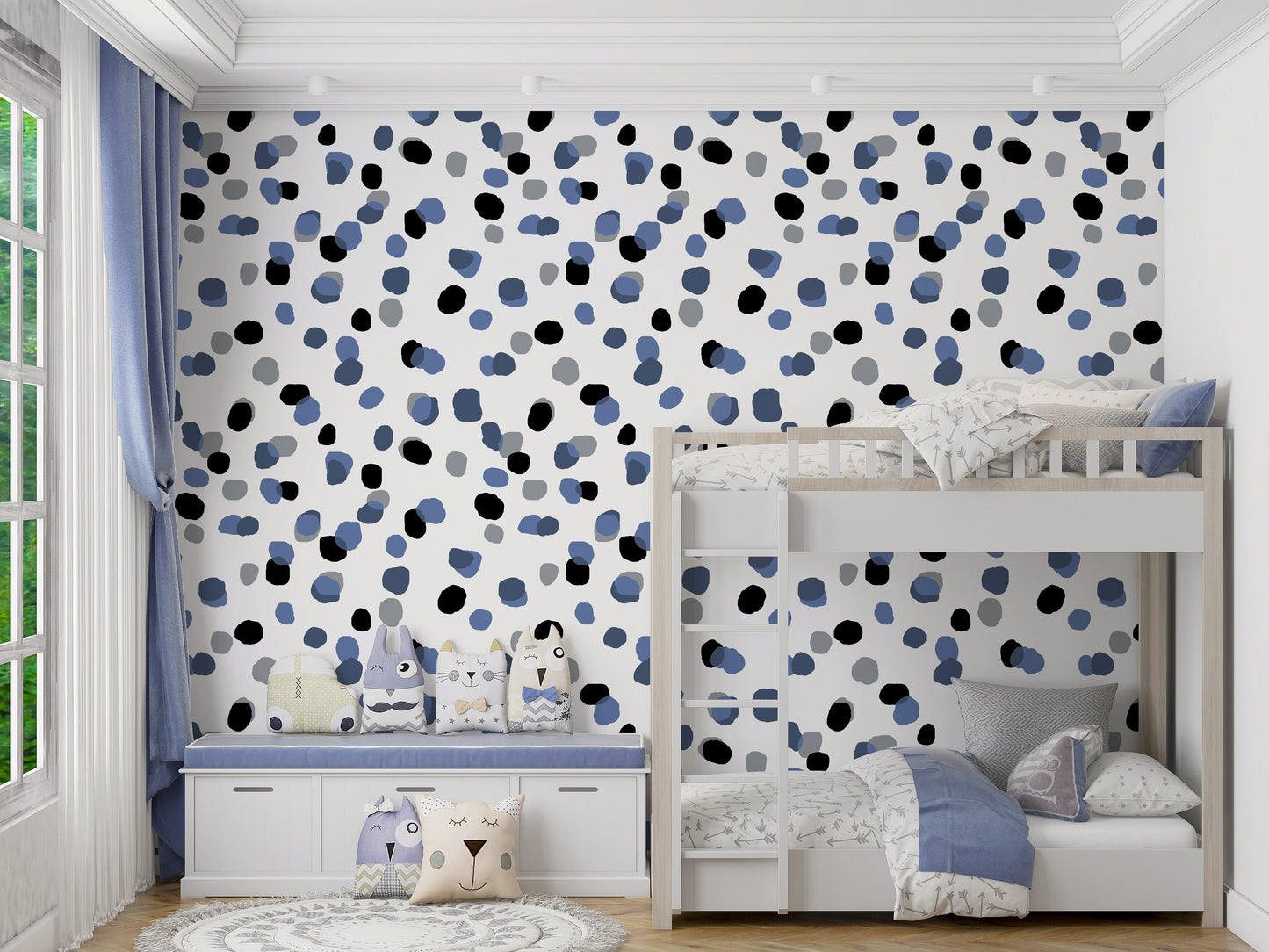 Sprinkles Modern Peel and Stick Wallpaper - Blue, Black, Gray Abstract Polka Dots - Water-Resistant Embossed Vinyl Canvas