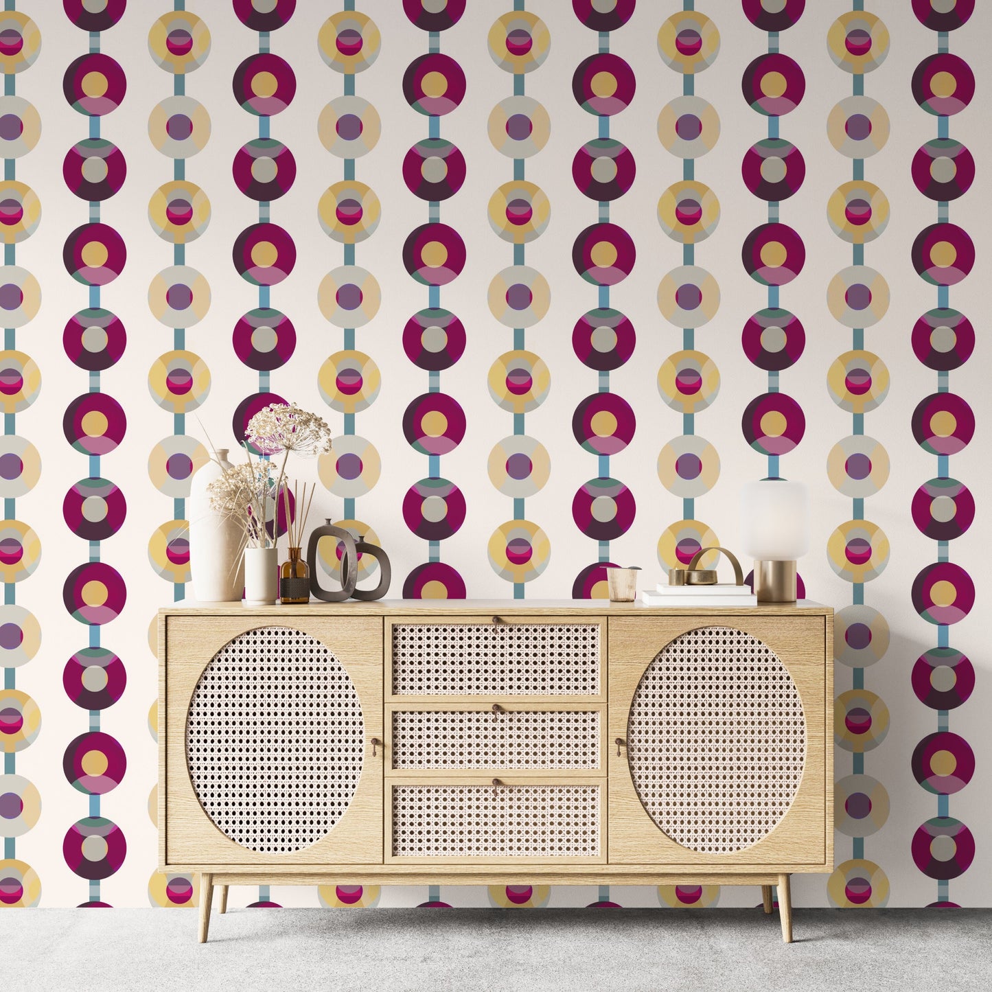 Turntable Mid-Century Peel and Stick Wallpaper - Purple, Yellow, Blue Geometric Striped - Water-Resistant Embossed Vinyl Canvas