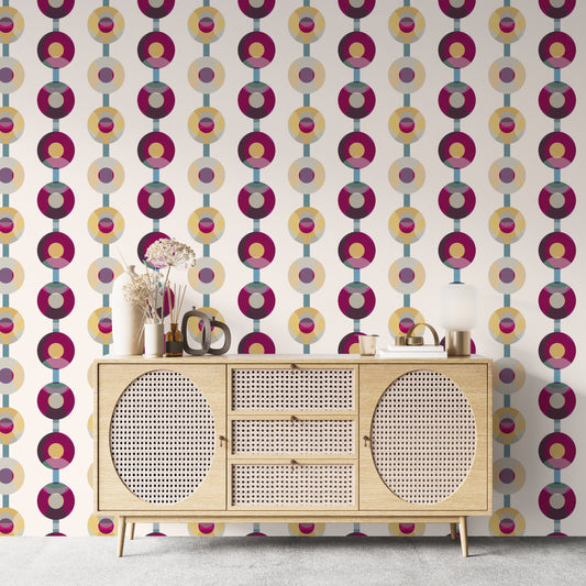 Turntable Mid-Century Peel and Stick Wallpaper - Purple, Yellow, Blue Geometric Striped - Water-Resistant Embossed Vinyl Canvas