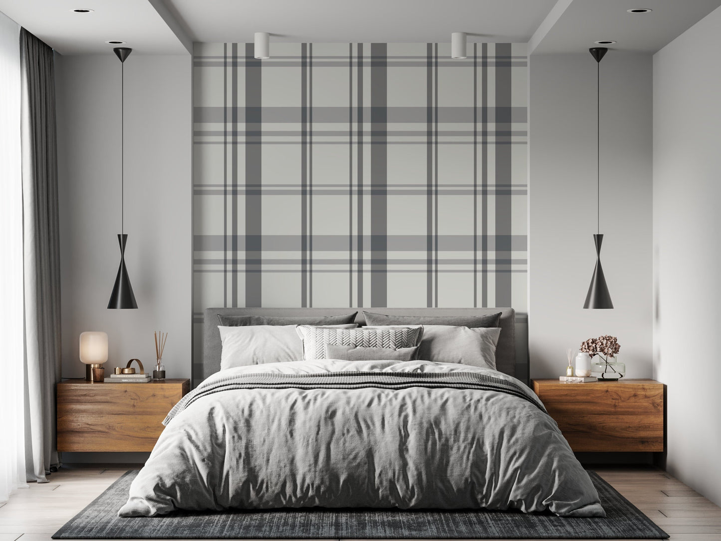 Urban Plaid Modern Farmhouse Peel and Stick Wallpaper - Gray Modern Plaid - Water-Resistant Embossed Vinyl Canvas