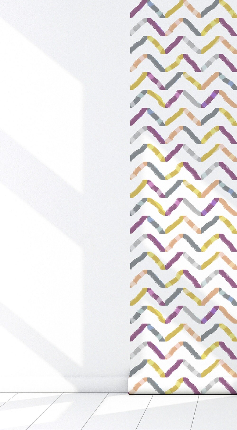 Watercolor Boho Peel and Stick Wallpaper - Purple, Yellow, Gray Chevron - Water-Resistant Embossed Vinyl Canvas