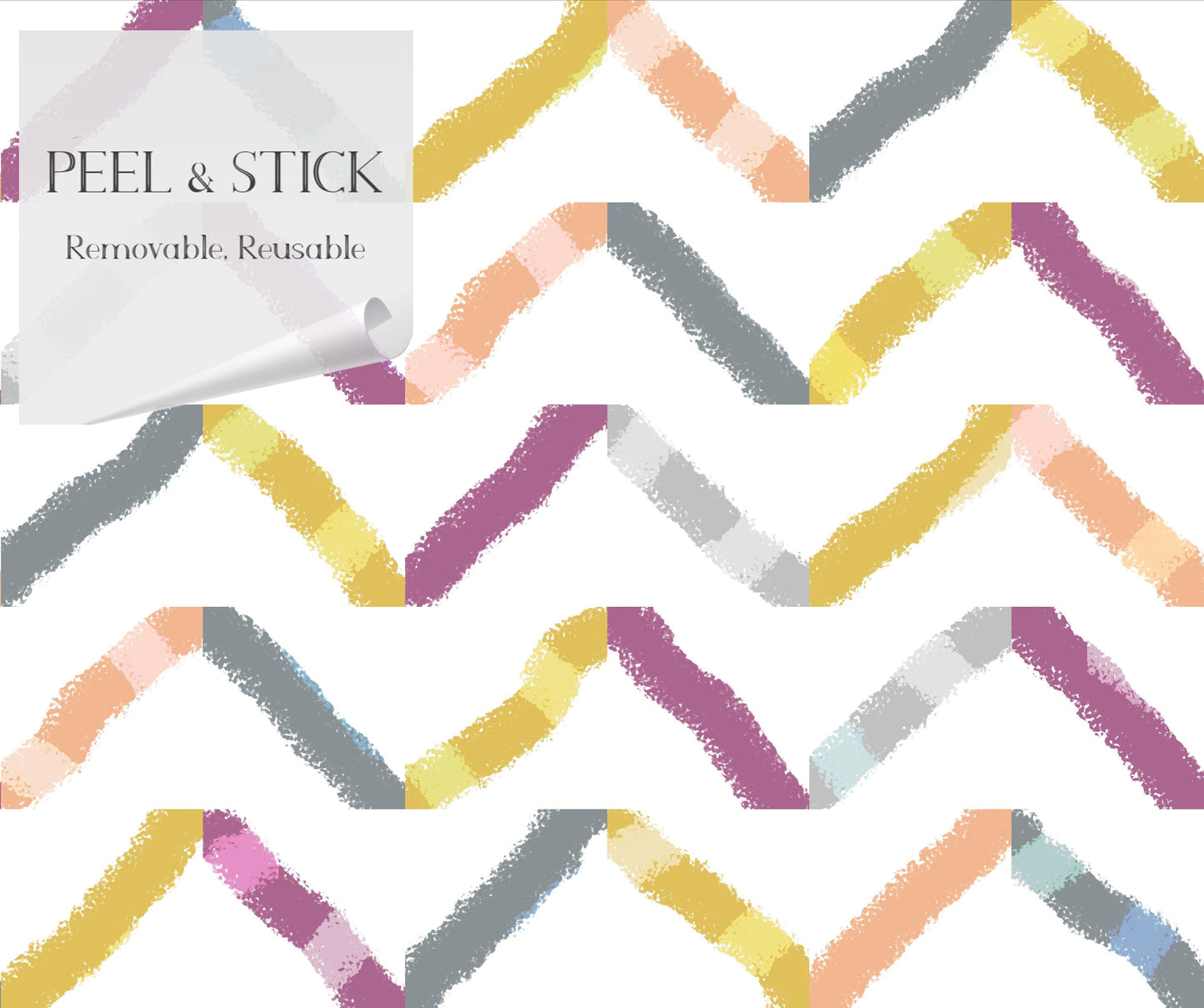 Watercolor Boho Peel and Stick Wallpaper - Purple, Yellow, Gray Chevron - Water-Resistant Embossed Vinyl Canvas