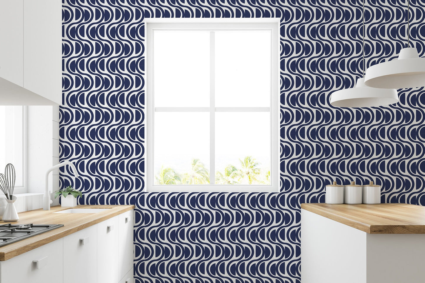 Waves Modern Coastal Peel and Stick Wallpaper - Navy Blue Striped Geometric - Water-Resistant Embossed Vinyl Canvas