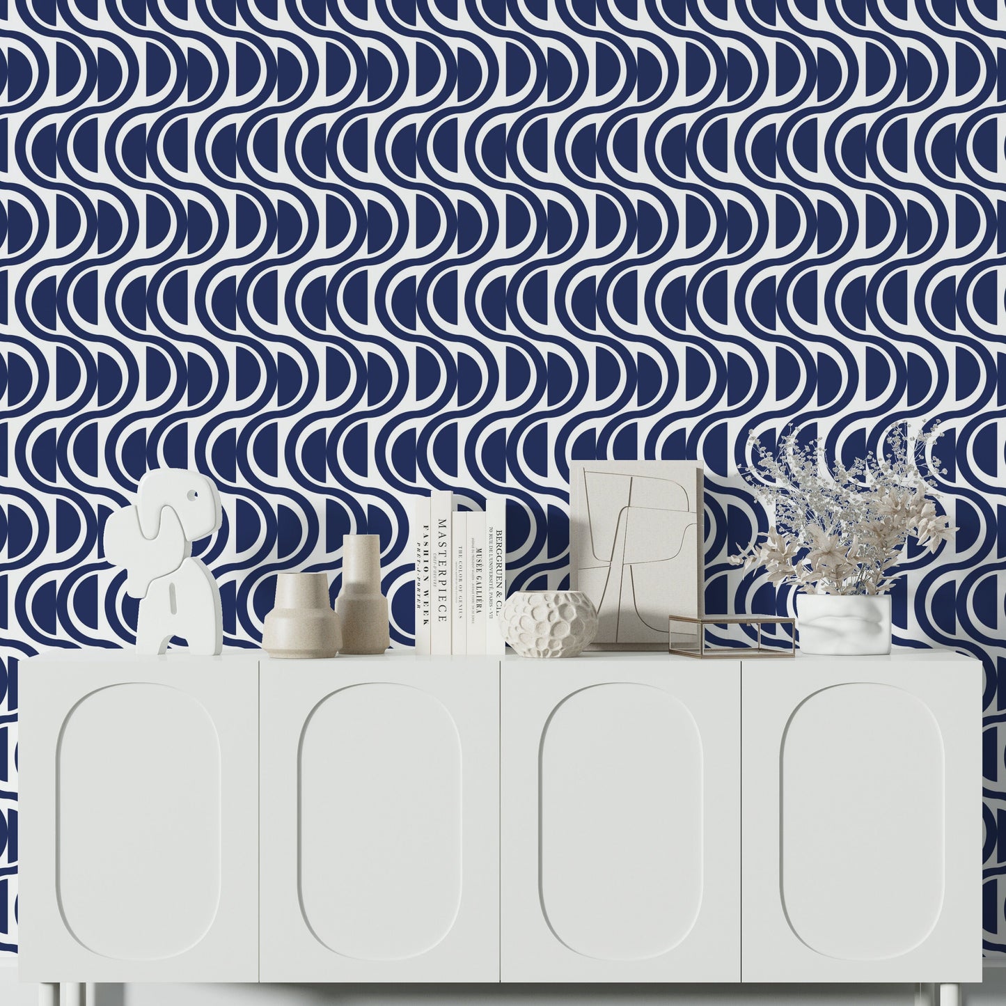 Waves Modern Coastal Peel and Stick Wallpaper - Navy Blue Striped Geometric - Water-Resistant Embossed Vinyl Canvas