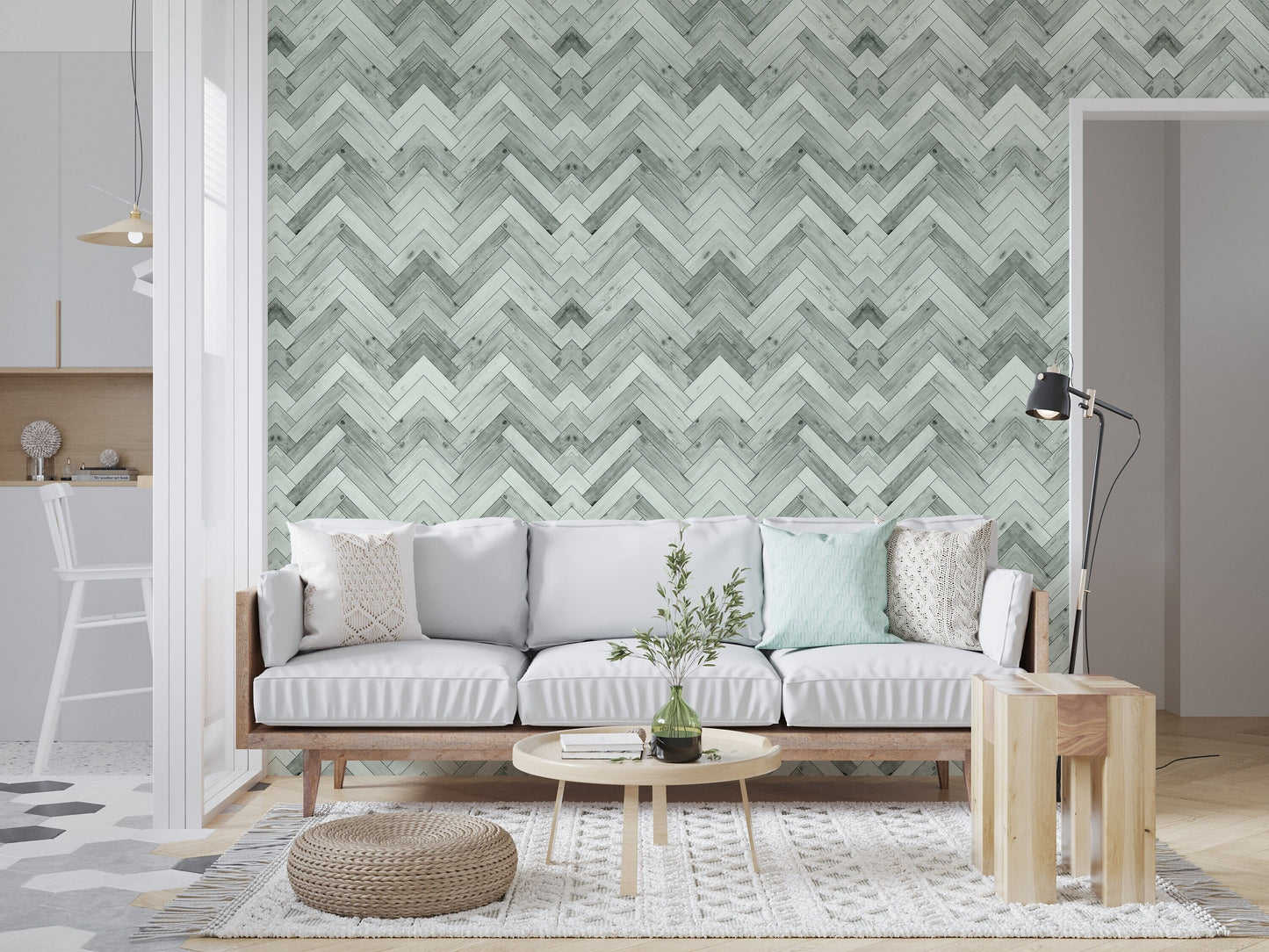 Woodland Sage Farmhouse Peel and Stick Wallpaper - Green Herringbone Faux Wood - Water-Resistant Embossed Vinyl Canvas