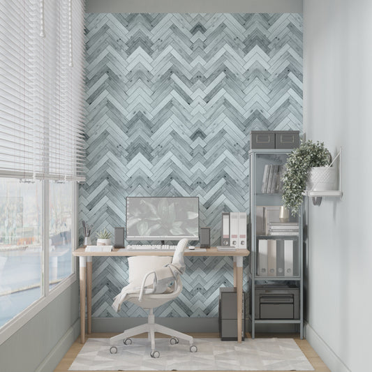 Woodland Ridge Farmhouse Peel and Stick Wallpaper - Blue Herringbone Faux Wood - Water-Resistant Embossed Vinyl Canvas