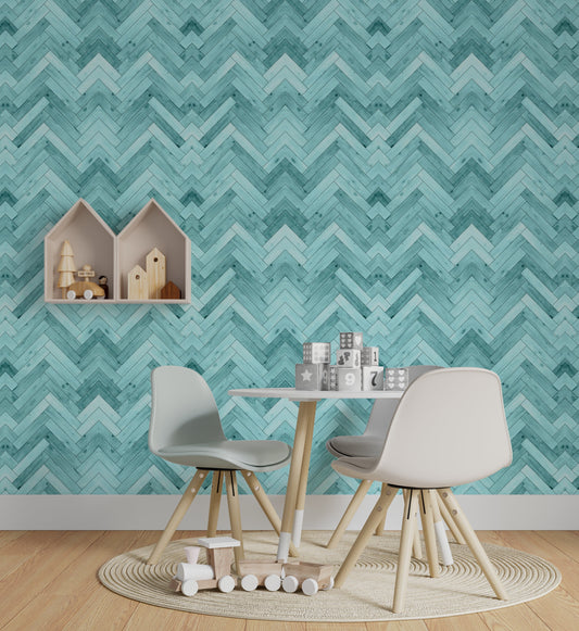 Woodland Waterfall Farmhouse Peel and Stick Wallpaper - Teal Herringbone Faux Wood - Water-Resistant Embossed Vinyl Canvas