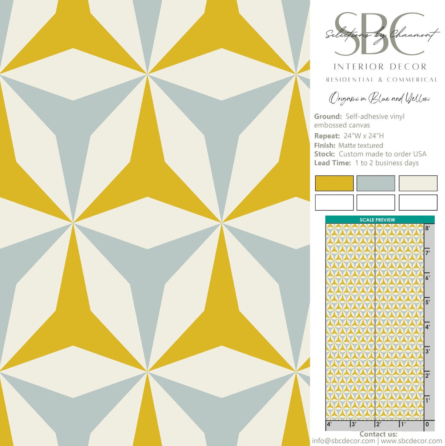 Origami Mid-Century Peel and Stick Wallpaper - Blue, Yellow Geometric - Water-Resistant Embossed Vinyl Canvas