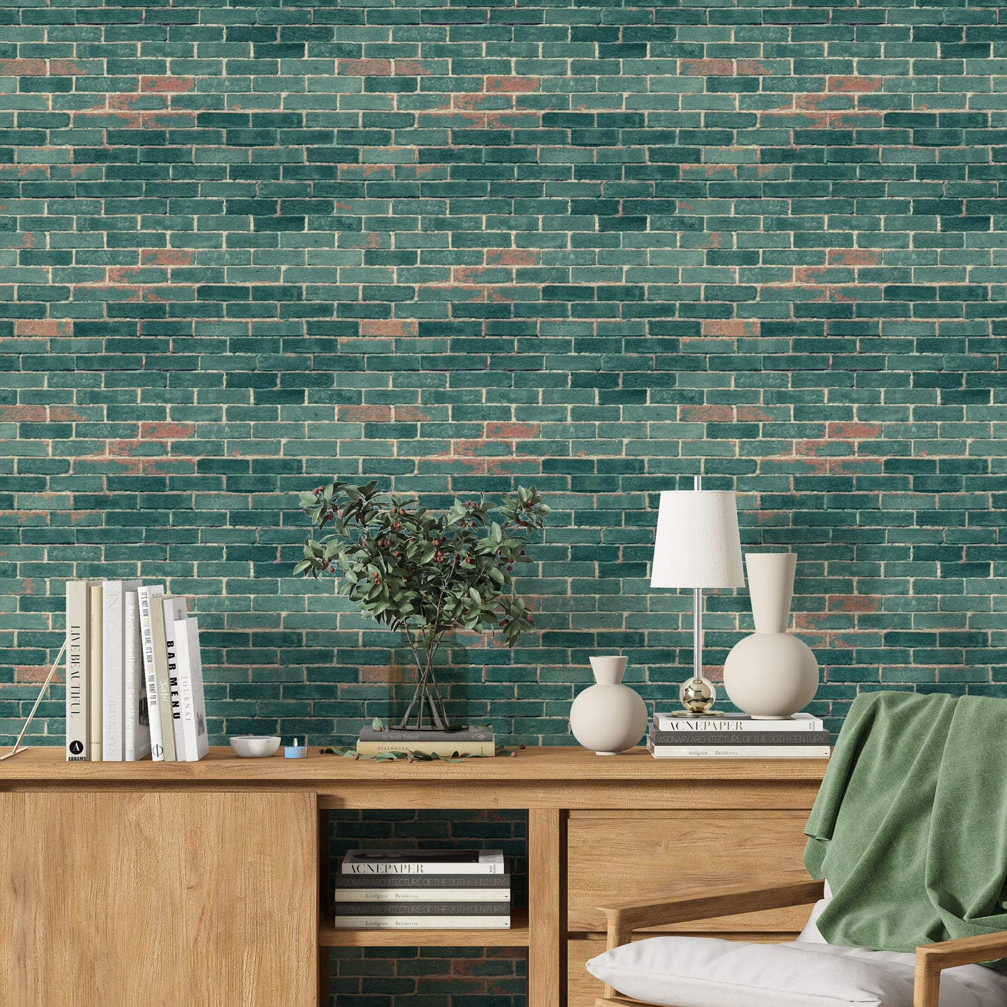 Brick Green Industrial Peel and Stick Wallpaper - Green Faux Brick - Water-Resistant Embossed Vinyl Canvas