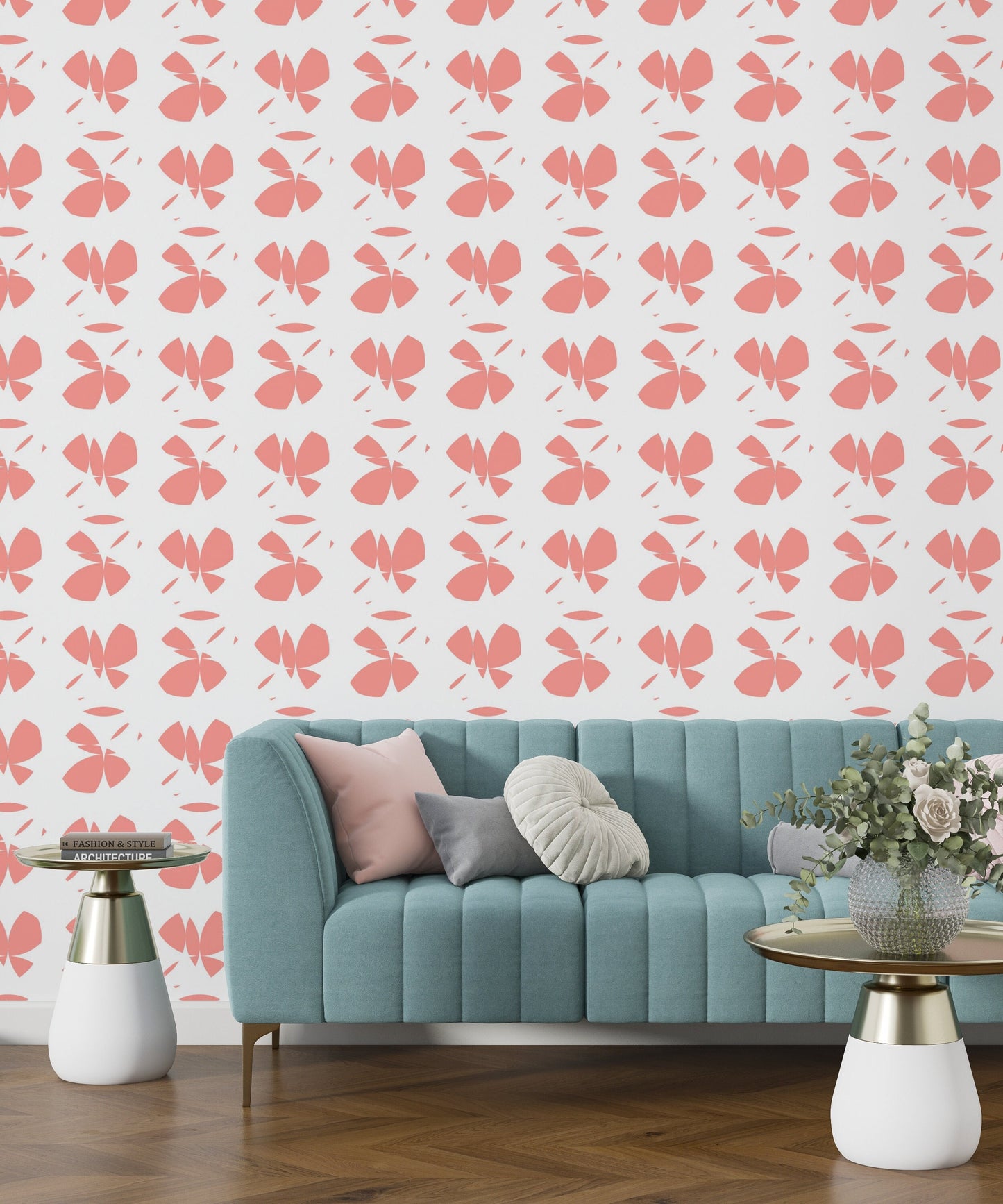 Butterfly Coral Boho Peel and Stick Wallpaper - Pink Botanical Geometric - Water-Resistant Embossed Vinyl Canvas