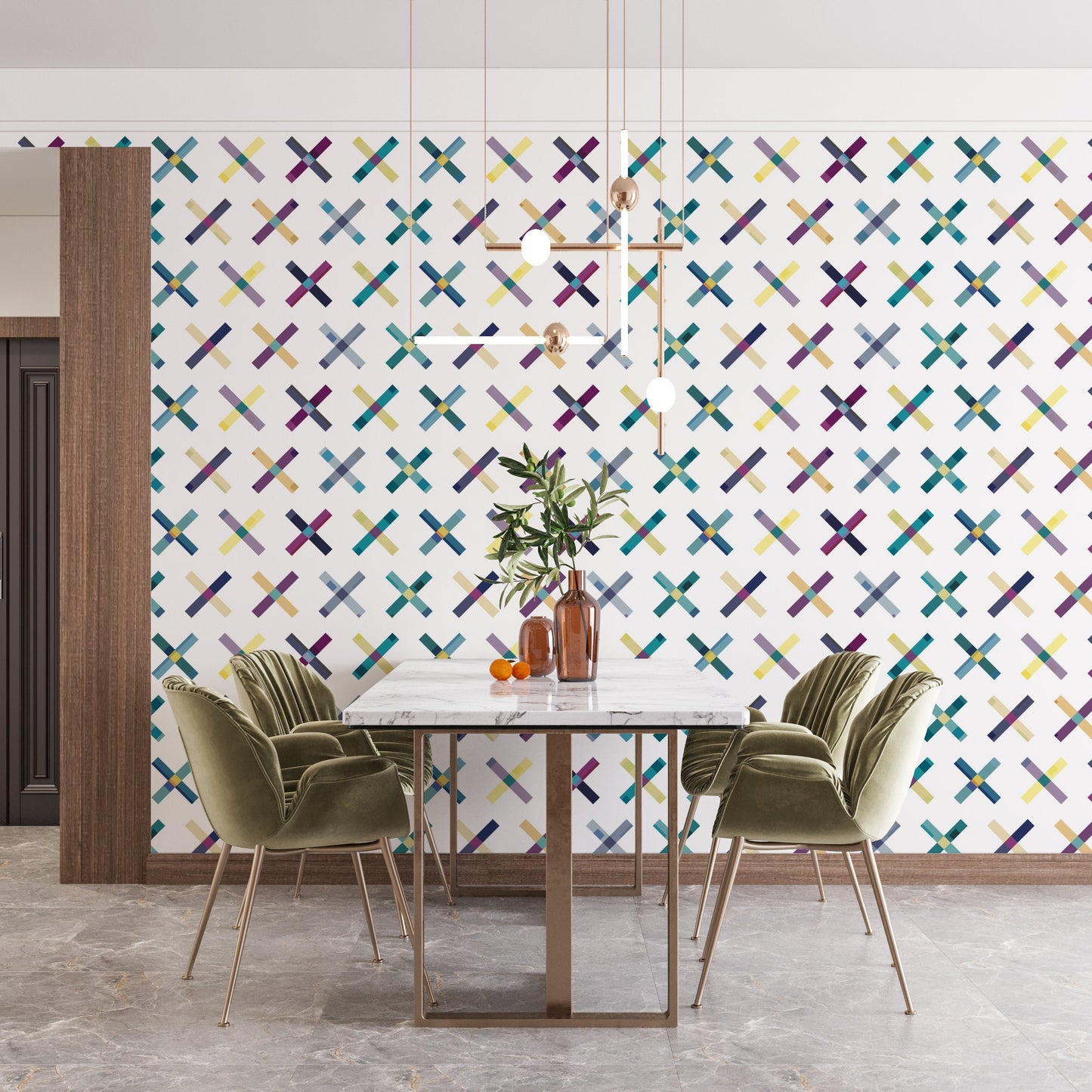 Cross Your T's Mid-Century Peel and Stick Wallpaper - Purple, Yellow, Blue Geometric - Water-Resistant Embossed Vinyl Canvas