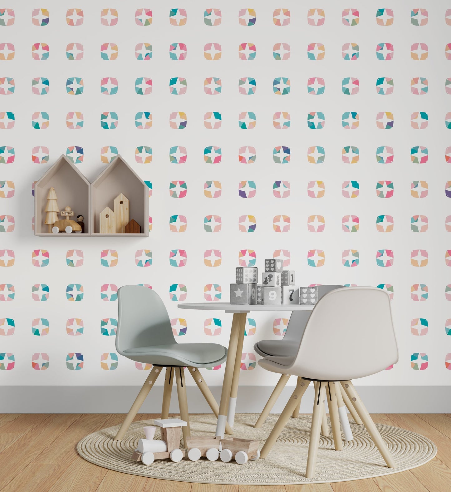 Diamonds Boho Peel and Stick Wallpaper - Multi-Color Pastel Geometric Polka Dots - Water-Resistant Embossed Vinyl Canvas