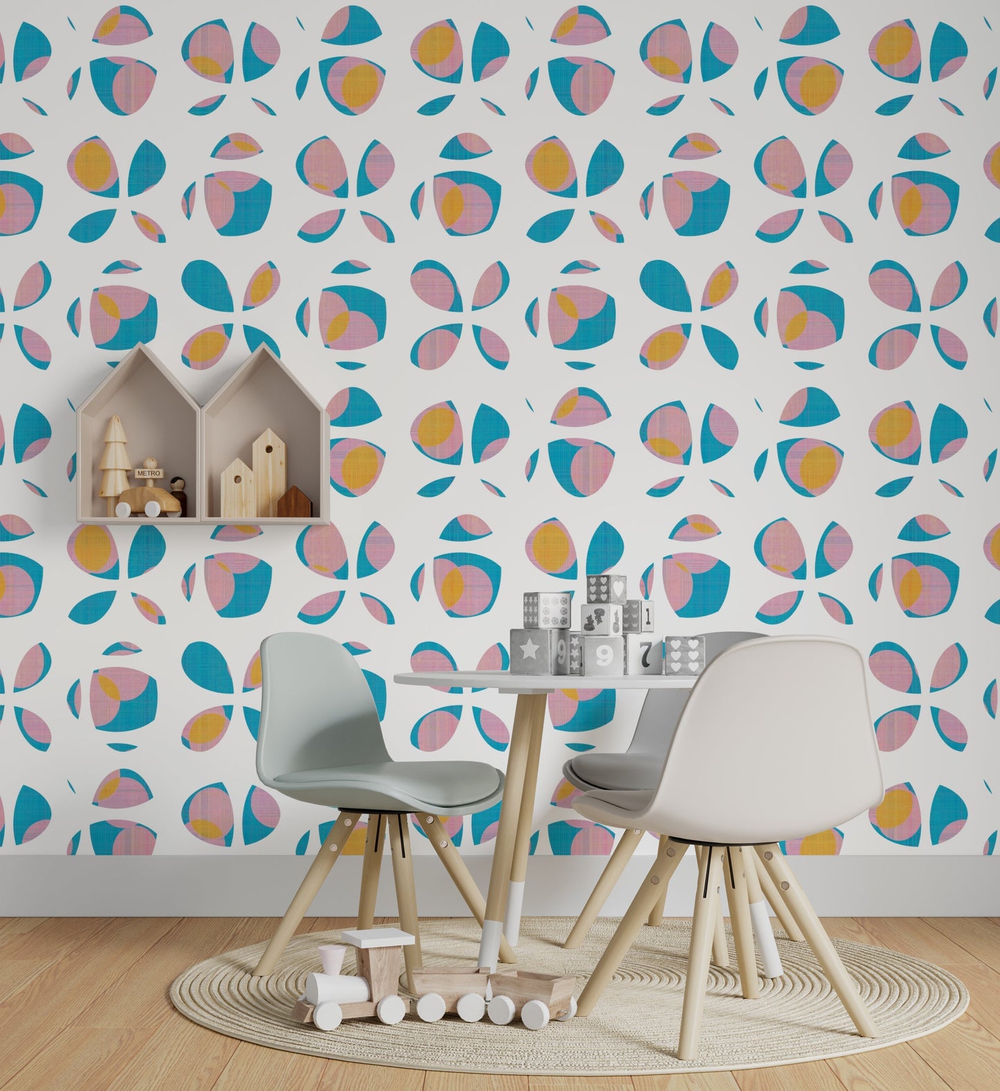 Firefly Boho Peel and Stick Wallpaper - Blue, Pink, Orange Geometric - Water-Resistant Embossed Vinyl Canvas