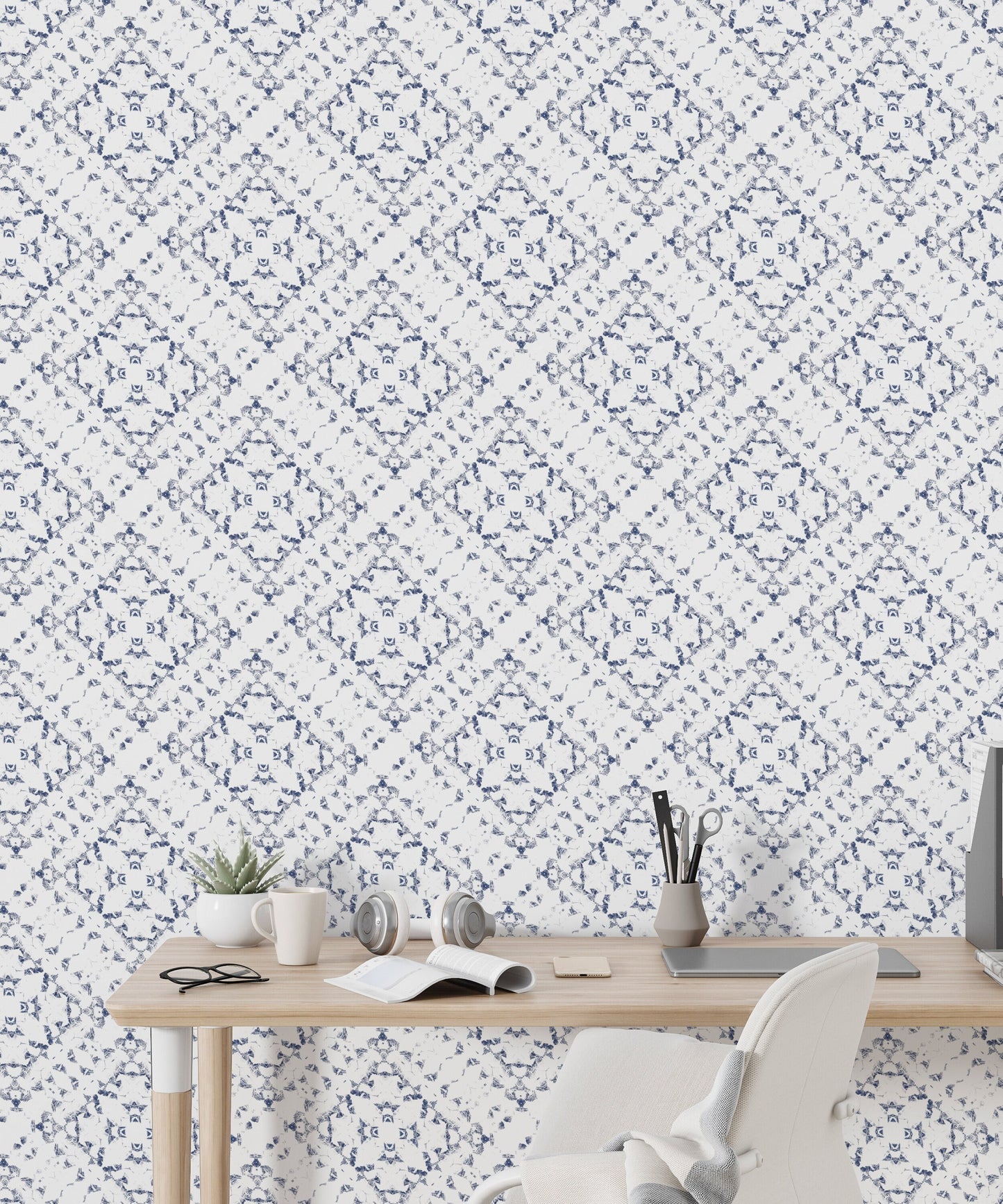 Medallion French Country/Farmhouse Peel and Stick Wallpaper - Blue, White Mosaic - Water-Resistant Embossed Vinyl Canvas