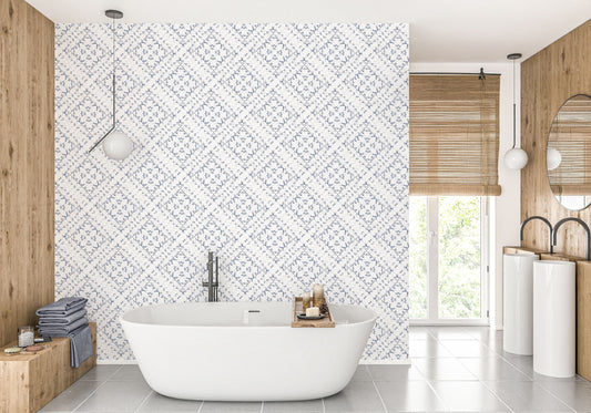 Medallion French Country/Farmhouse Peel and Stick Wallpaper - Blue, White Mosaic - Water-Resistant Embossed Vinyl Canvas