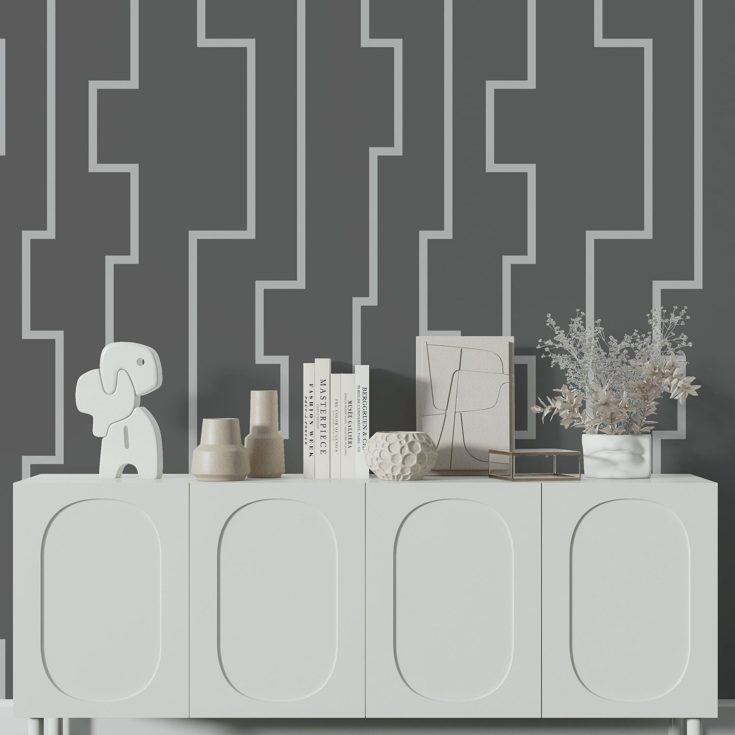 Modern Key Peel and Stick Wallpaper - Gray Geometric Striped - Water-Resistant Embossed Vinyl Canvas