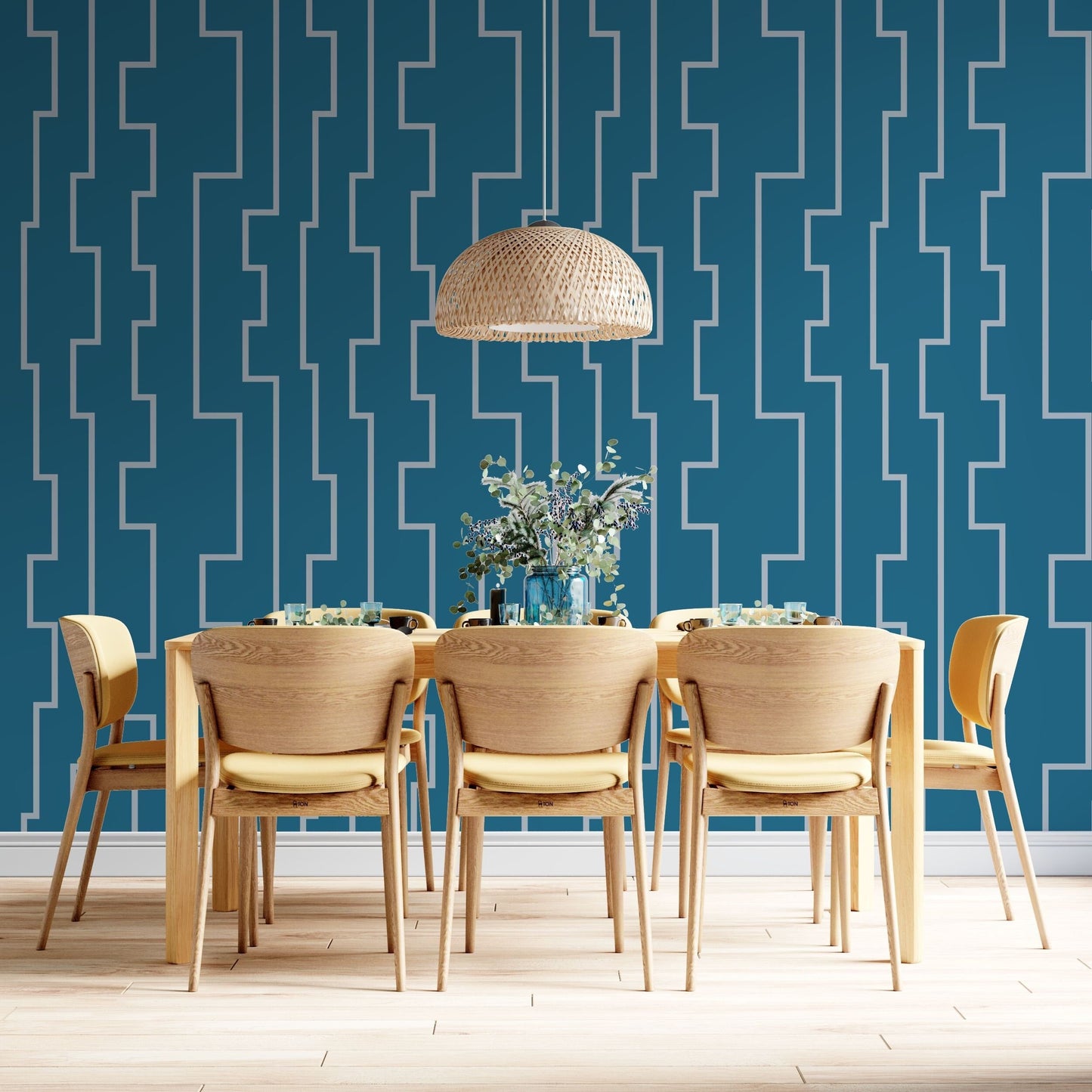 Modern Key Peel and Stick Wallpaper - Blue Mid-Century Striped - Water-Resistant Embossed Vinyl Canvas