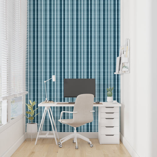 Plaid Capri Coastal Peel and Stick Wallpaper - Blue Modern Plaid - Water-Resistant Embossed Vinyl Canvas