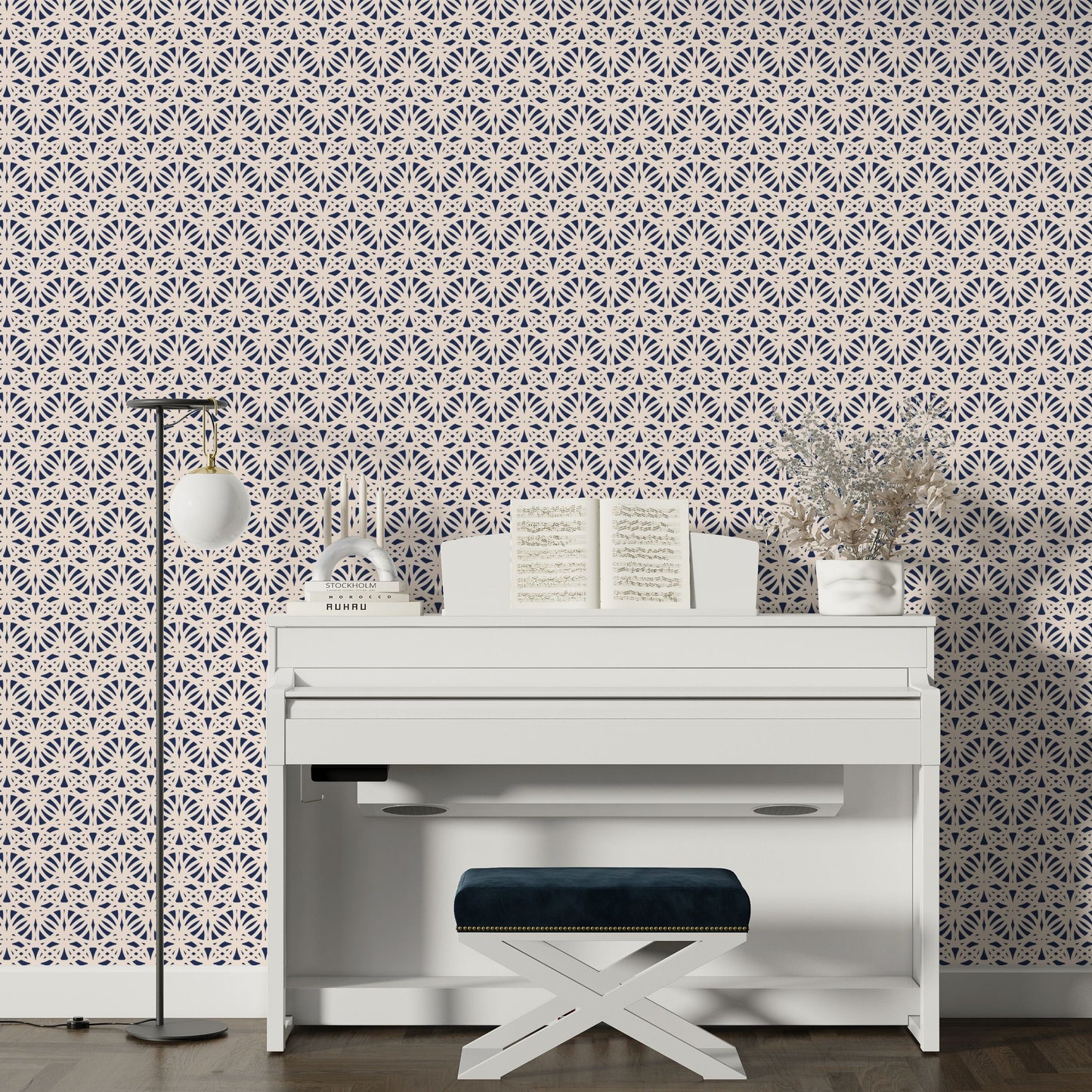 Morocco French Country Peel and Stick Wallpaper Panel - Navy, White Lattice - Water-Resistant Embossed Vinyl Canvas