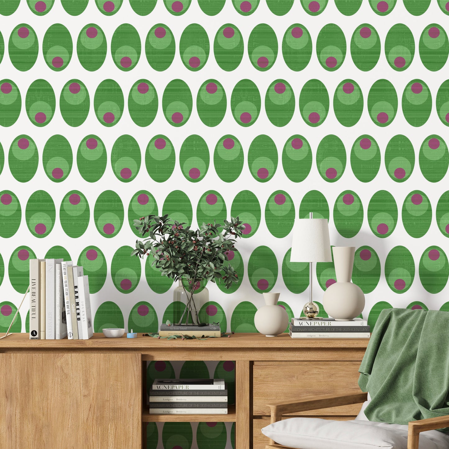 Olive You Mid-Century Peel and Stick Wallpaper - Green Geometric Novelty - Water-Resistant Embossed Vinyl Canvas