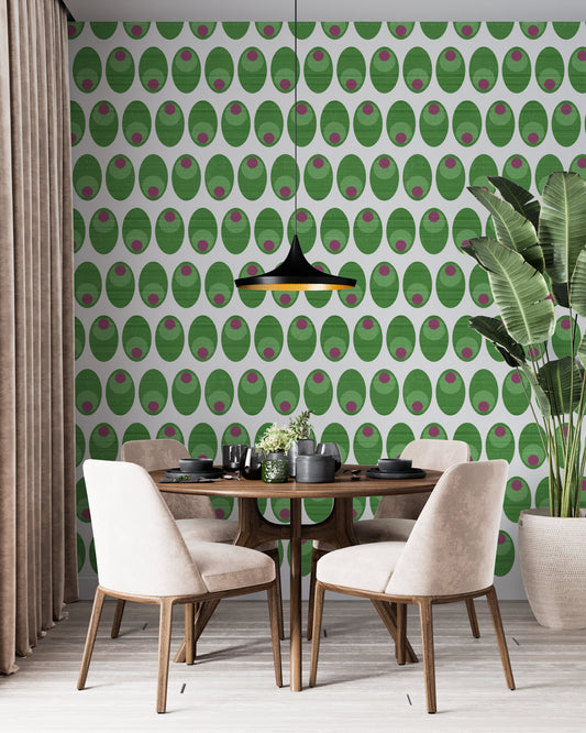 Olive You Mid-Century Peel and Stick Wallpaper - Green Geometric Novelty - Water-Resistant Embossed Vinyl Canvas