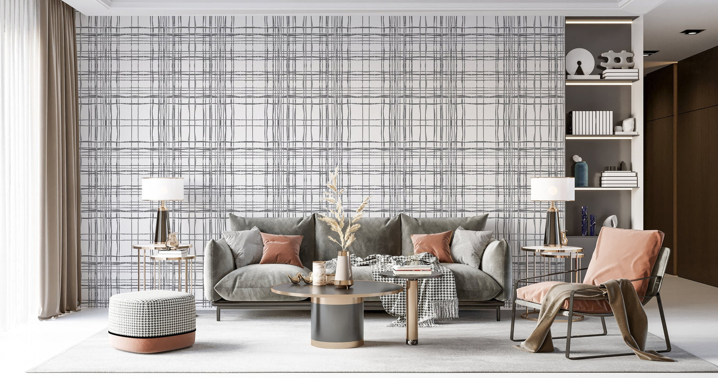 Organic Plaid Farmhouse Peel and Stick Wallpaper - Gray Modern Plaid - Water-Resistant Embossed Vinyl Canvas