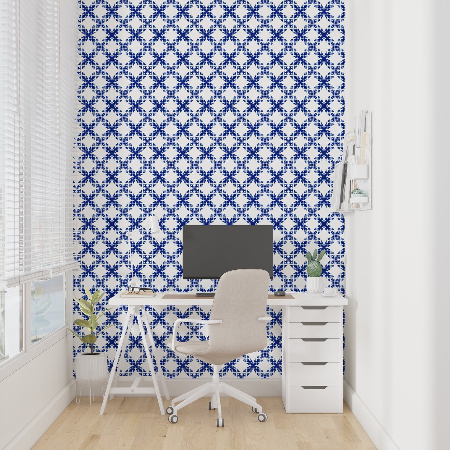 Prosperity Coastal/Farmhouse Peel and Stick Wallpaper - Blue Geometric Argyle - Water-Resistant Embossed Vinyl Canvas