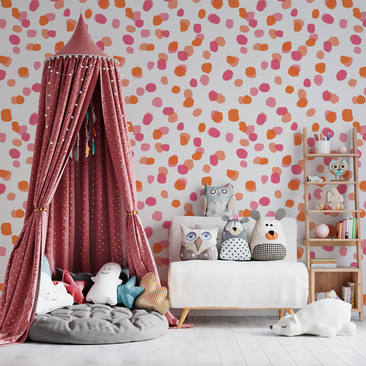 Sprinkles Boho Peel and Stick Wallpaper - Pink, Orange Abstract Polka Dots - Water-Resistant Embossed Vinyl Canvas