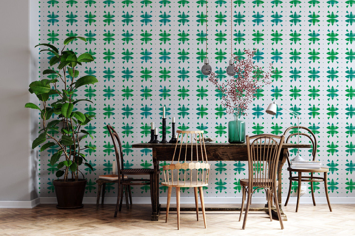 Tropical Foliage Eclectic Peel and Stick Wallpaper - Green Botanical Geometric - Water-Resistant Embossed Vinyl Canvas