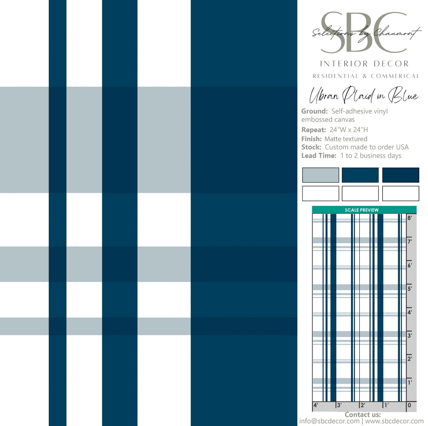 Urban Plaid Farmhouse Peel and Stick Wallpaper - Blue Modern Plaid - Water-Resistant Embossed Vinyl Canvas