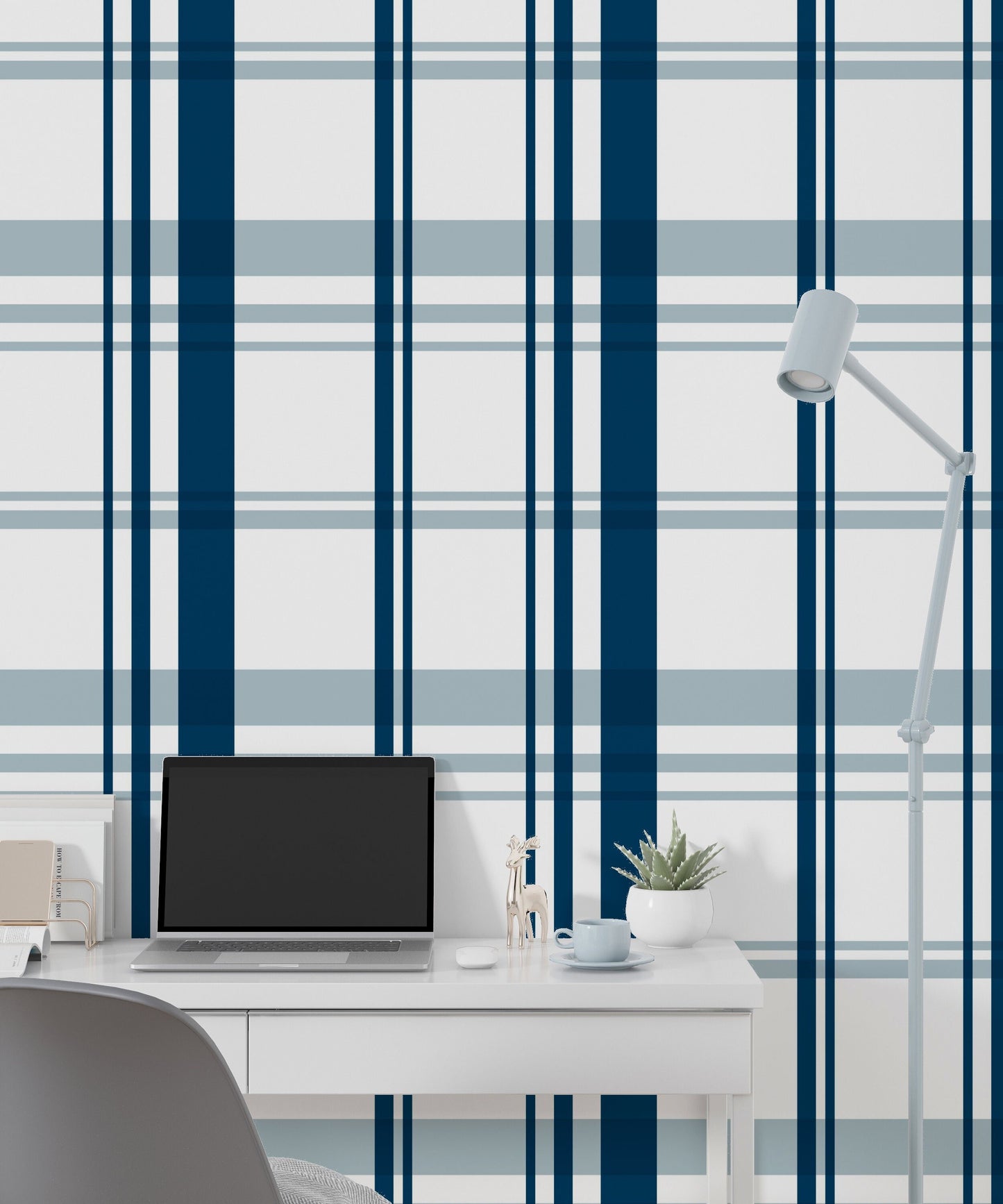 Urban Plaid Farmhouse Peel and Stick Wallpaper - Blue Modern Plaid - Water-Resistant Embossed Vinyl Canvas