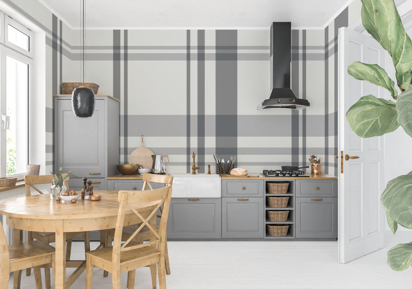 Urban Plaid Modern Farmhouse Peel and Stick Wallpaper - Gray Modern Plaid - Water-Resistant Embossed Vinyl Canvas