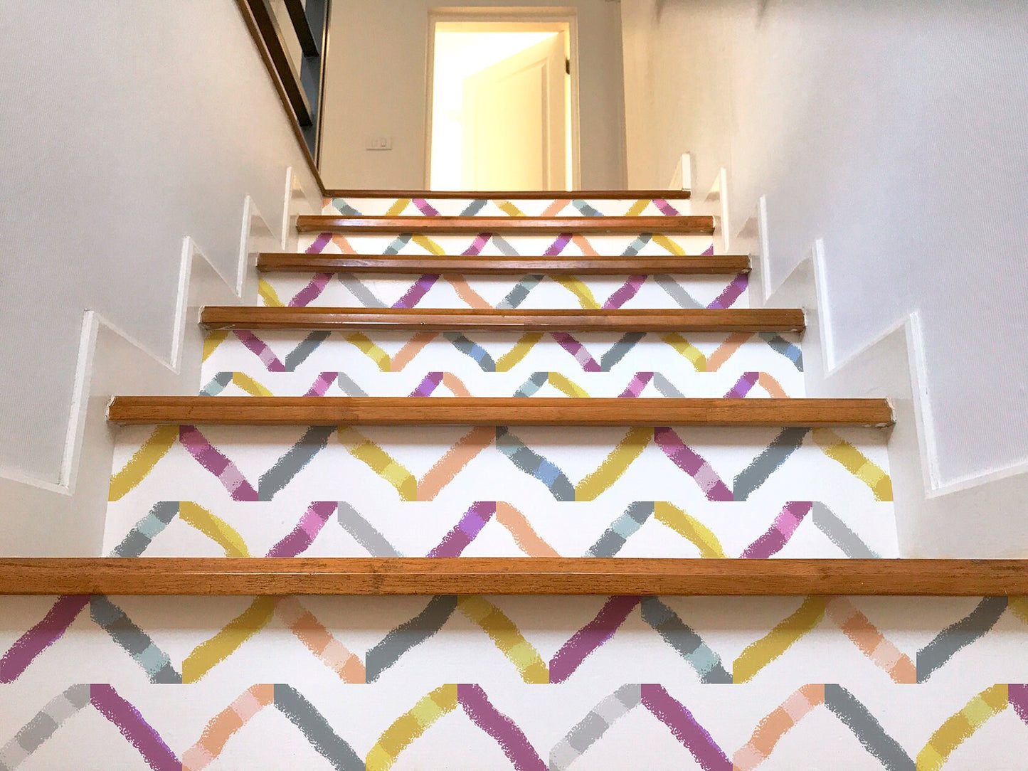 Watercolor Boho Peel and Stick Wallpaper - Purple, Yellow, Gray Chevron - Water-Resistant Embossed Vinyl Canvas