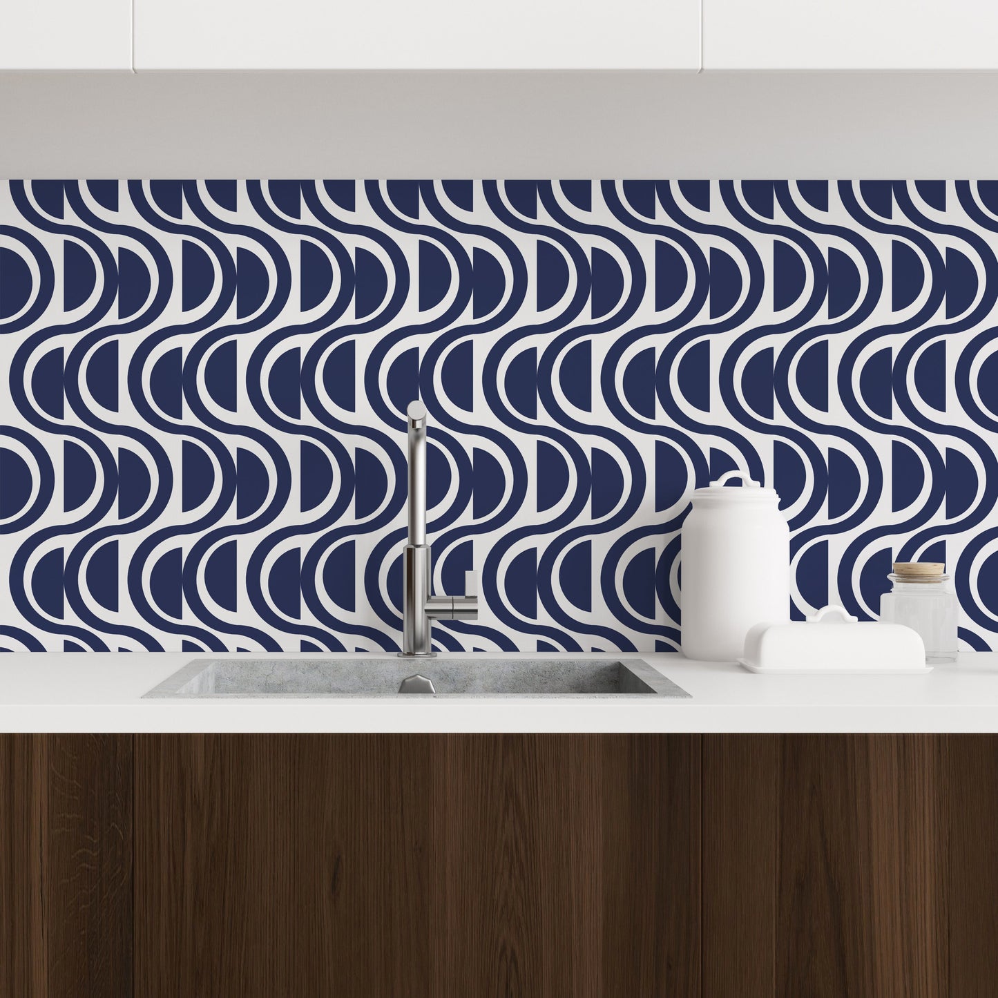 Waves Modern Coastal Peel and Stick Wallpaper - Navy Blue Striped Geometric - Water-Resistant Embossed Vinyl Canvas