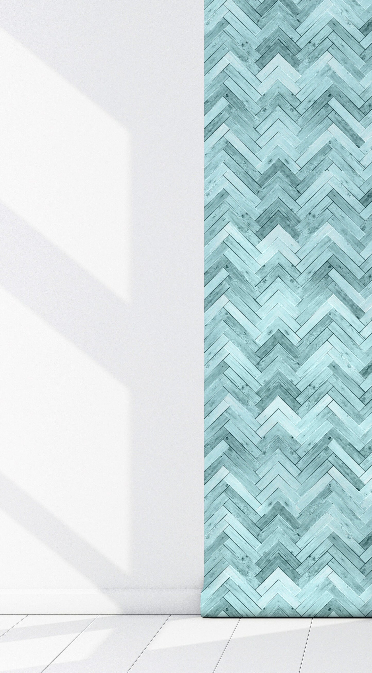 Woodland Waterfall Farmhouse Peel and Stick Wallpaper - Teal Herringbone Faux Wood - Water-Resistant Embossed Vinyl Canvas