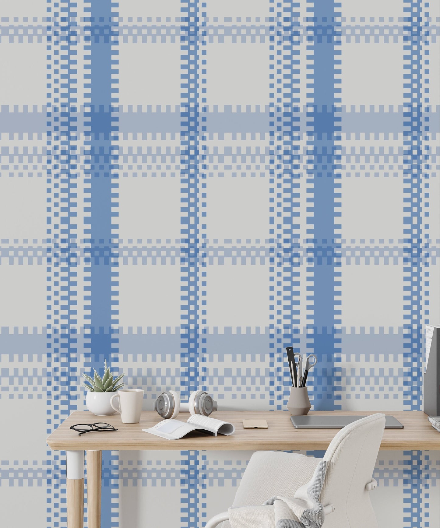 Zippers Modern Farmhouse Peel and Stick Wallpaper - Blue Modern Plaid - Water-Resistant Embossed Vinyl Canvas