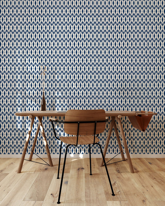 Malay Contemporary Boho Peel and Stick Wallpaper - Navy Ikat - Water-Resistant Embossed Vinyl Canvas