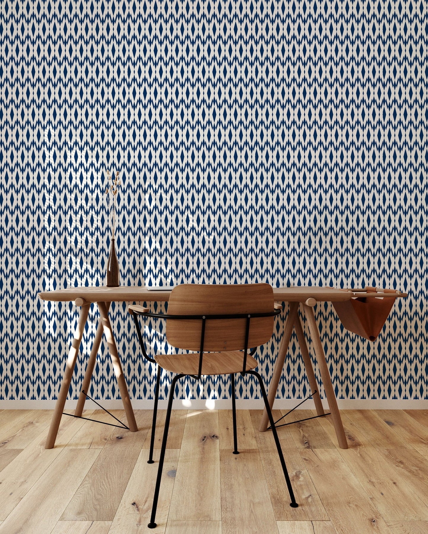 Malay Contemporary Coastal Peel and Stick Wallpaper - Navy Ikat - Water-Resistant Embossed Vinyl Canvas