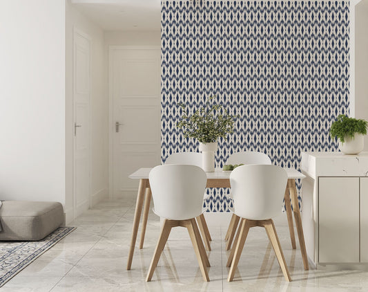 Malay Contemporary Coastal Peel and Stick Wallpaper - Navy Ikat - Water-Resistant Embossed Vinyl Canvas