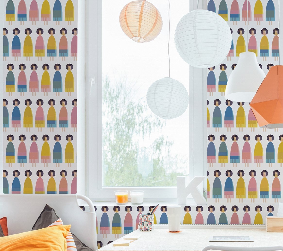 Dolls Peel and Stick Wallpaper - Multi-Colored Modern Kid- Water-Resistant Embossed Vinyl Canvas