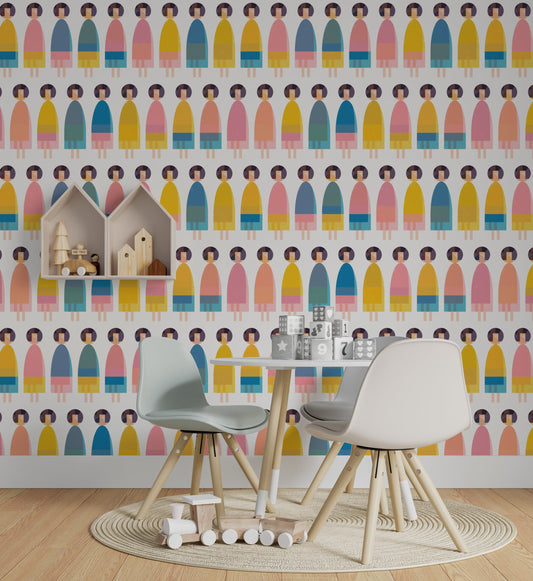 Dolls Peel and Stick Wallpaper - Multi-Colored Modern Kid- Water-Resistant Embossed Vinyl Canvas