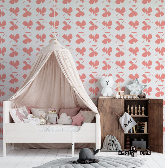 Butterfly Coral Boho Peel and Stick Wallpaper - Pink Botanical Geometric - Water-Resistant Embossed Vinyl Canvas