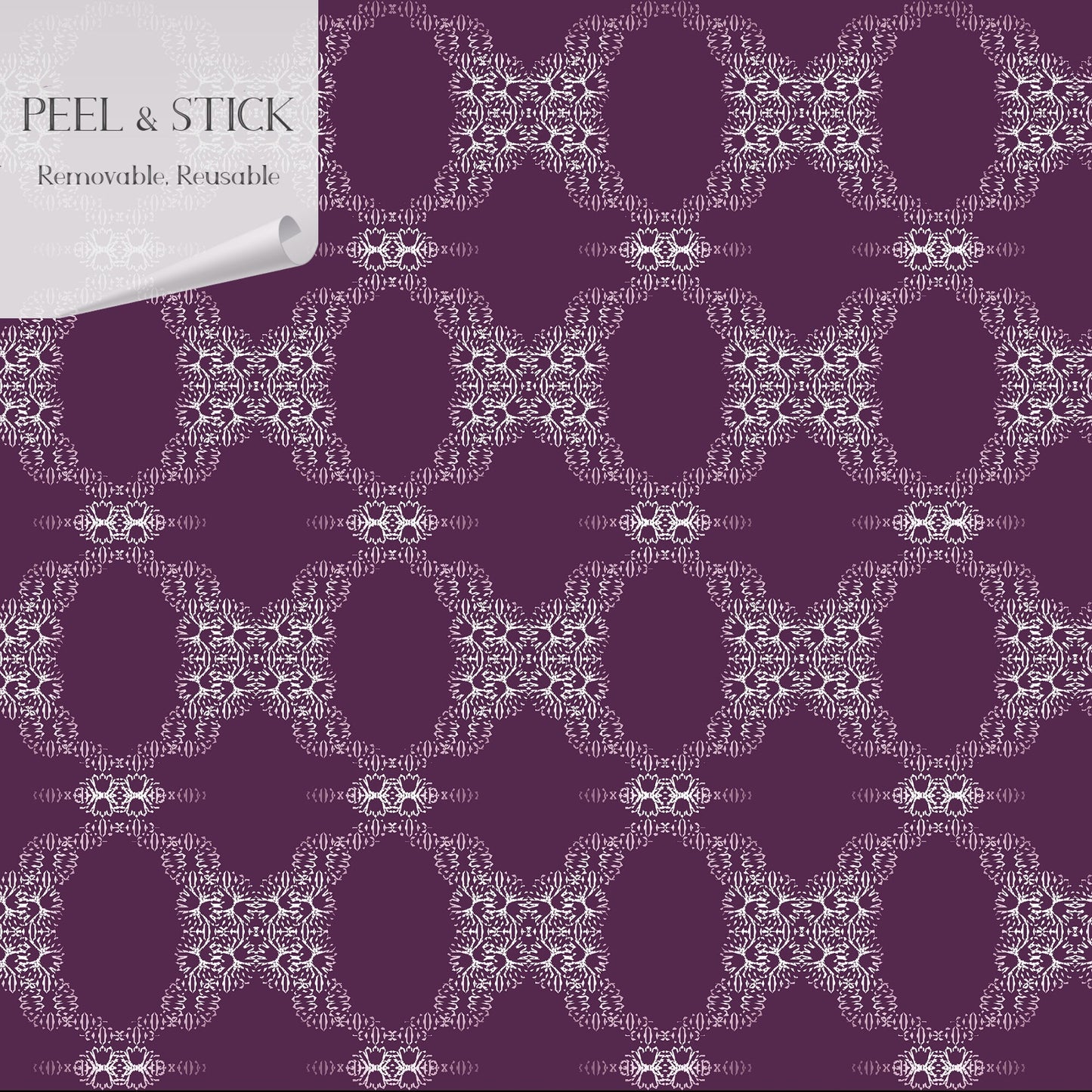 French Cottage in Plum Vinyl Canvas Wallpaper - French Country Ivory, Plum Geometric - Removable Reusable Peel & Stick Wallpaper Panel