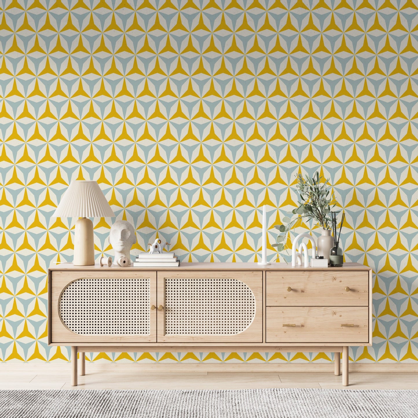 Origami Mid-Century Peel and Stick Wallpaper - Blue, Yellow Geometric - Water-Resistant Embossed Vinyl Canvas