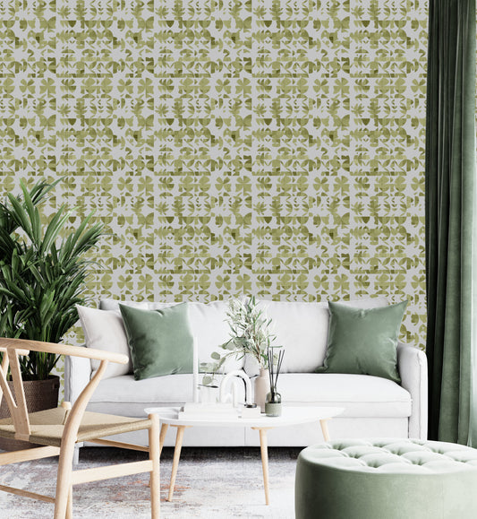 Succulent Green Vinyl Canvas Wallpaper - Mid-Century Abstract Design - Removable Moisture Resistant Peel & Stick Wallpaper Panel