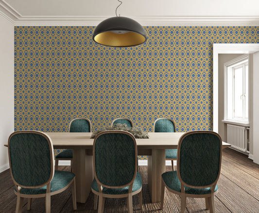 Marrakesh Vinyl Canvas Wallpaper - Navy, Gold Mid-Century Modern Glam - Removable Reusable Peel & Stick Wallpaper Panel