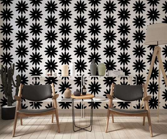 Daisies Modern Farmhouse Peel and Stick Wallpaper - Black Geometric Floral - Water-Resistant Embossed Vinyl Canvas