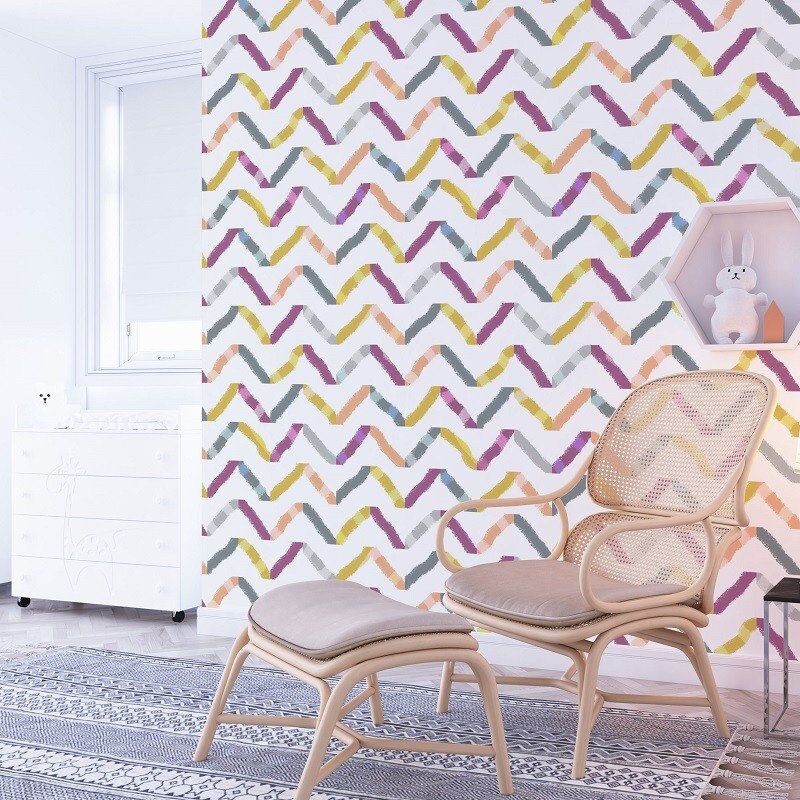 Watercolor Boho Peel and Stick Wallpaper - Purple, Yellow, Gray Chevron - Water-Resistant Embossed Vinyl Canvas