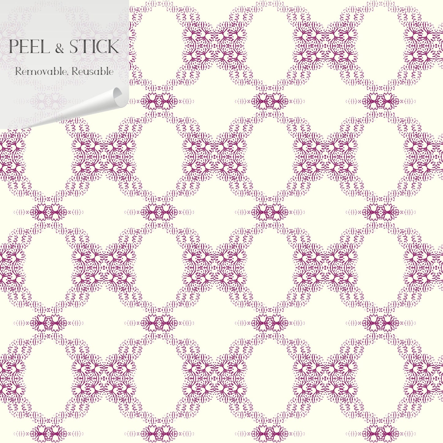 French Cottage Farmhouse Peel and Stick Wallpaper - Ivory, Purple Medallion - Water-Resistant Embossed Vinyl Canvas