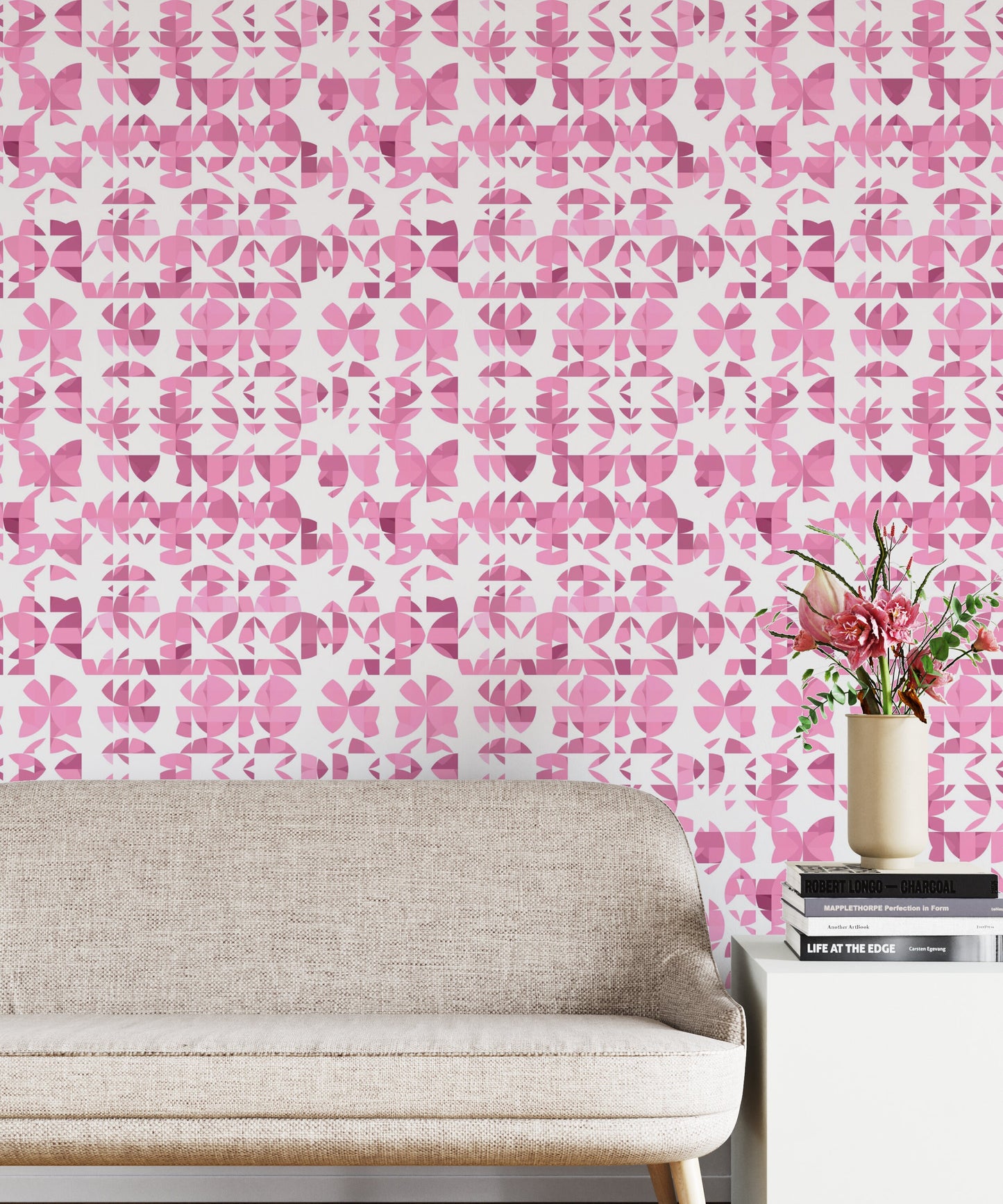 Succulent Pink Vinyl Canvas Wallpaper - Mid-Century Abstract Design - Removable Water-Resistant Peel & Stick Wallpaper Panel